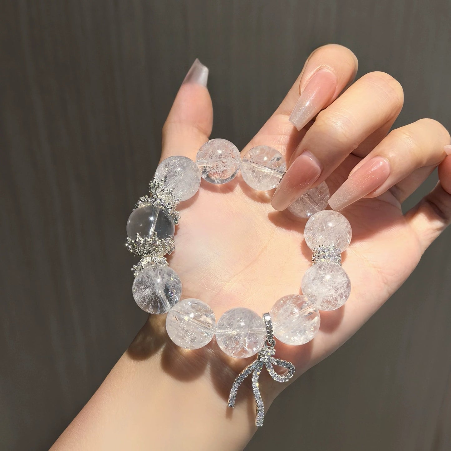 Original Design Natural White Asai & White Quartz Crystal Bracelet – Luxury Good Fortune Gift with Large-Point Healing Energy