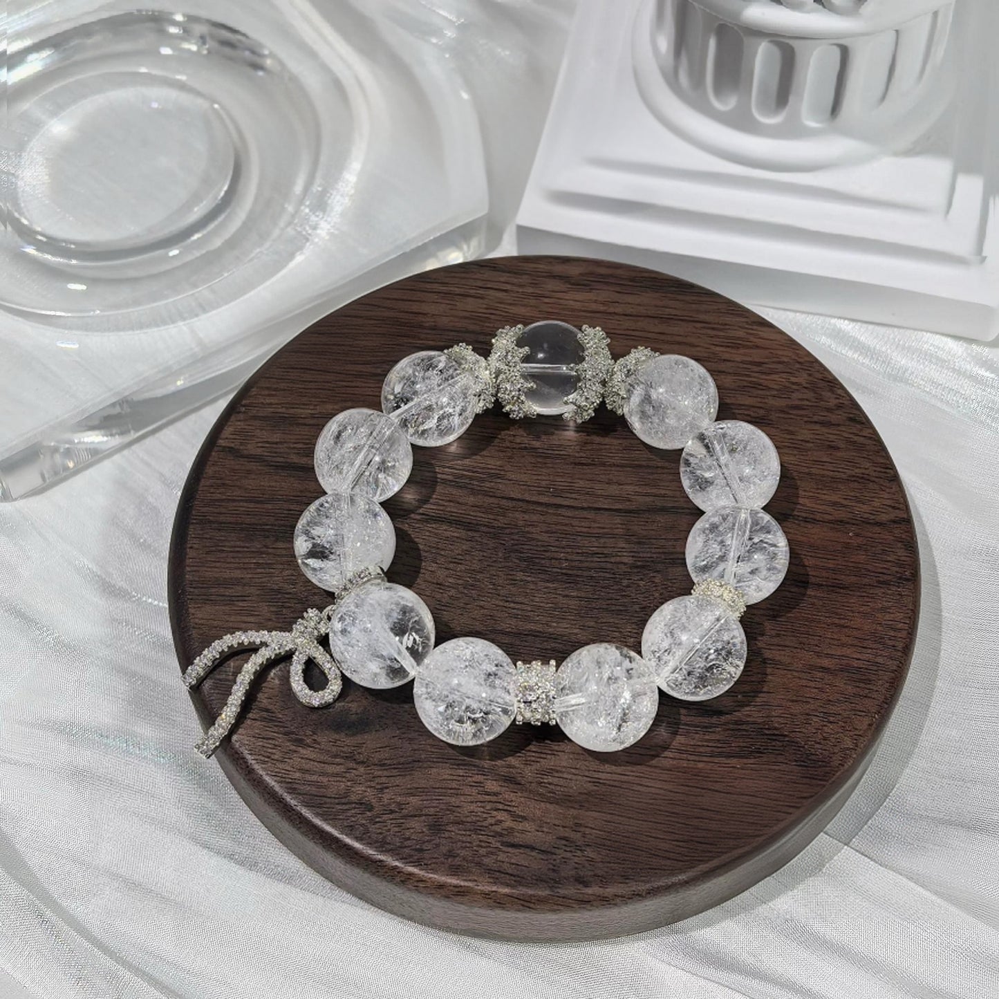 Original Design Natural White Asai & White Quartz Crystal Bracelet – Luxury Good Fortune Gift with Large-Point Healing Energy