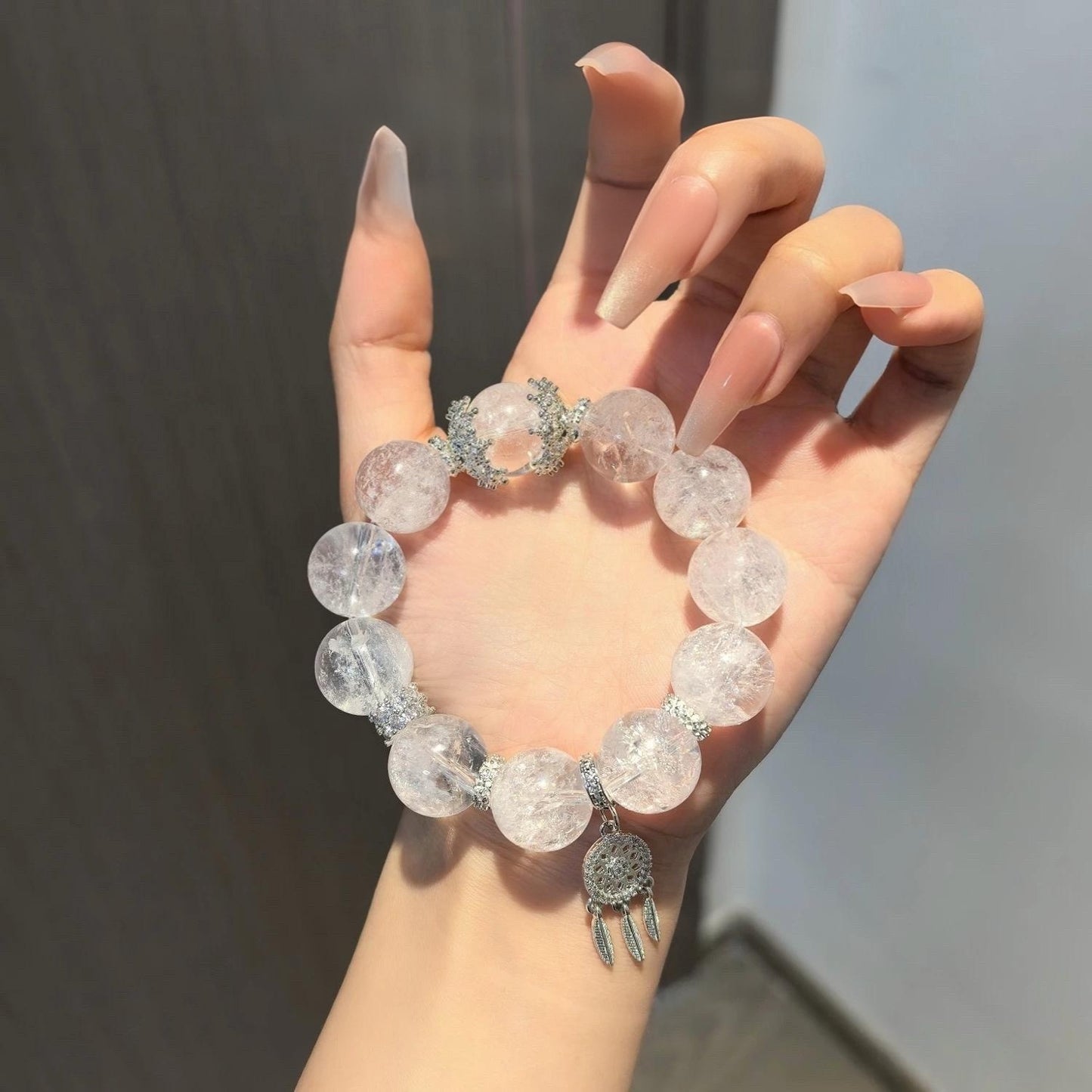 Original Design Natural White Asai & White Quartz Crystal Bracelet – Luxury Good Fortune Gift with Large-Point Healing Energy