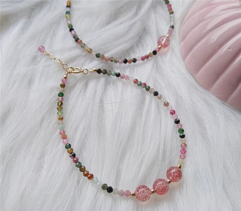 Rainbow Tourmaline Minimalist Bracelet -Natural Strawberry Quartz Stone Dainty Bracelet- Tourmaline Crystal Bracelet, Heart Chakra Gift