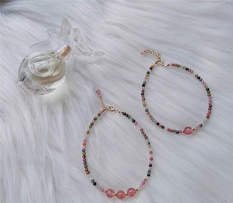 Rainbow Tourmaline Minimalist Bracelet -Natural Strawberry Quartz Stone Dainty Bracelet- Tourmaline Crystal Bracelet, Heart Chakra Gift