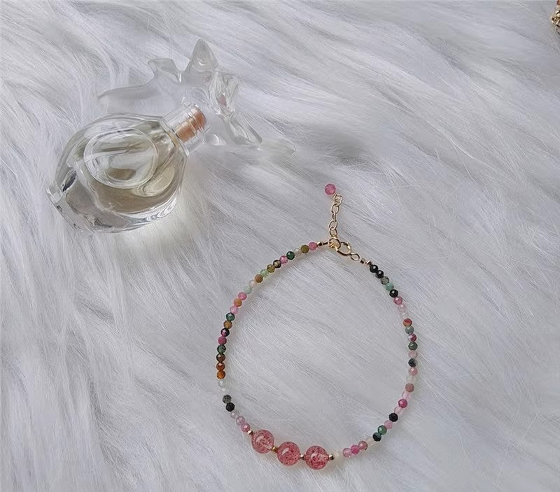 Rainbow Tourmaline Minimalist Bracelet -Natural Strawberry Quartz Stone Dainty Bracelet- Tourmaline Crystal Bracelet, Heart Chakra Gift