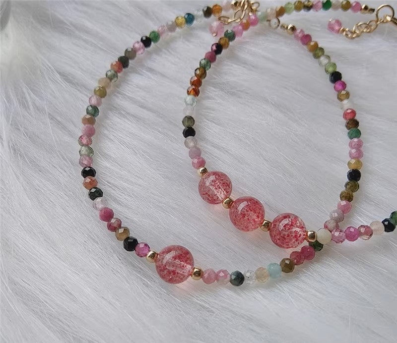 Rainbow Tourmaline Minimalist Bracelet -Natural Strawberry Quartz Stone Dainty Bracelet- Tourmaline Crystal Bracelet, Heart Chakra Gift