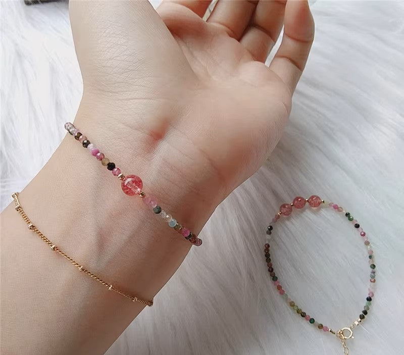 Rainbow Tourmaline Minimalist Bracelet -Natural Strawberry Quartz Stone Dainty Bracelet- Tourmaline Crystal Bracelet, Heart Chakra Gift