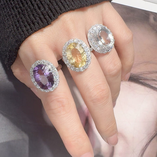S925 Sterling Silver 18K Gold-Plated Amethyst、 Citrine&Clear-Quartz Ring — Luxe Energy Jewelry