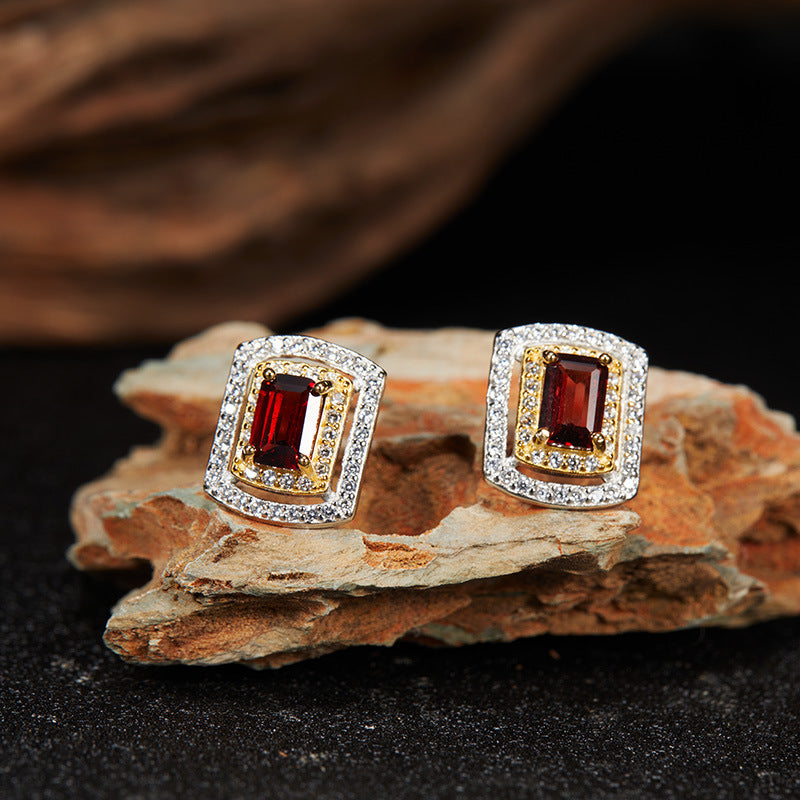 S925 Sterling Silver 18K Gold-Plated Jewelry Set Natural Gemstone Pendant Necklace with Crystals, Garnet or Topaz