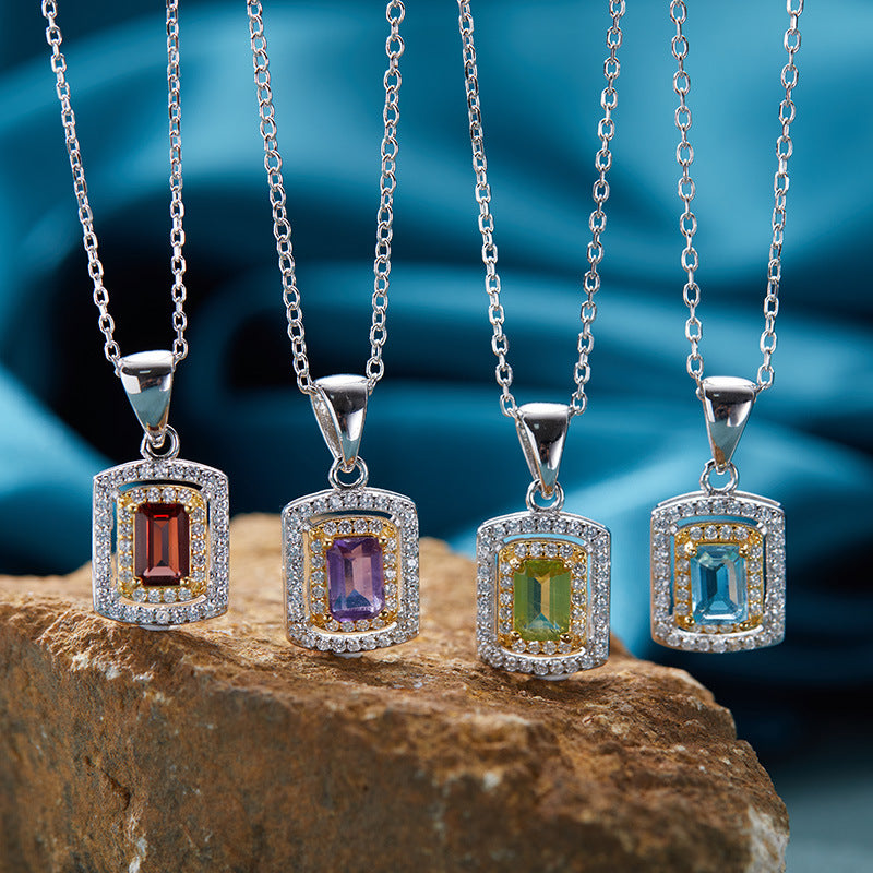 S925 Sterling Silver 18K Gold-Plated Jewelry Set Natural Gemstone Pendant Necklace with Crystals, Garnet or Topaz