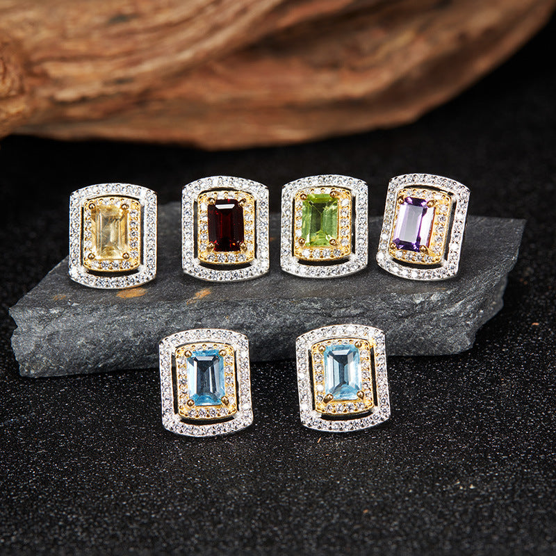 S925 Sterling Silver 18K Gold-Plated Jewelry Set Natural Gemstone Pendant Necklace with Crystals, Garnet or Topaz