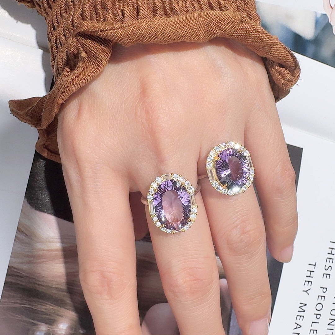S925 Sterling Silver Natural Citrine & Amethyst Multi-Gemstone Ring Gift For Her/Mom/Woman