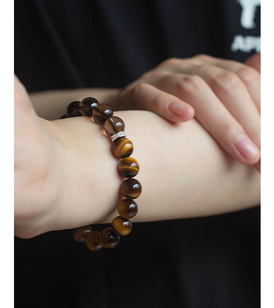 Handcrafted Natural Tiger eye and Smoky Quartz Bracelet with silve ring ,Crystal Bracelet,10mm,Gift for Men Or Women